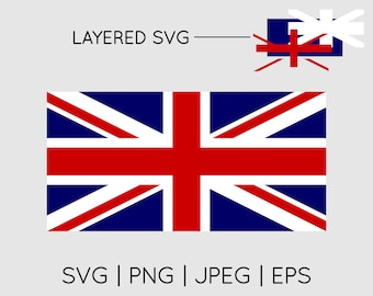 Puede incluir: Un archivo SVG en capas de la bandera de la Union Jack, una bandera azul con una cruz roja y líneas diagonales blancas. La bandera está en capas para facilitar la edición y la personalización. El texto "LAYERED SVG" es visible en la parte superior de la imagen.