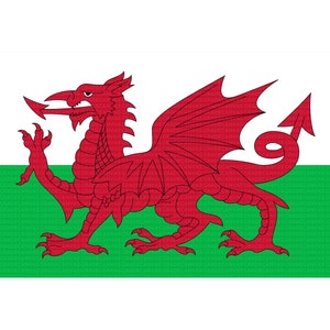 May include: The flag of Wales, featuring a red dragon on a white and green background. The dragon is in the center, with its wings spread and a long tail. The top half of the flag is white, and the bottom is green.