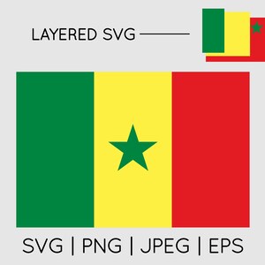 May include: The flag of Senegal is a horizontal tricolour with green, yellow, and red stripes. A green five-pointed star is centred on the yellow stripe. "LAYERED SVG - SVG | PNG | JPEG | EPS" is written below the flag.