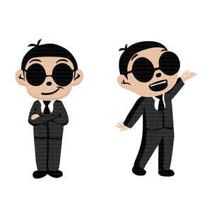 Könnte beinhalten: Zwei Cartoon-Illustrationen von Männern in schwarzen Anzügen und Sonnenbrillen. Ein Mann hat die Arme verschränkt und der andere hebt seinen rechten Arm.