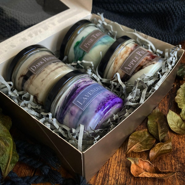 Marmor Sojakerze Geschenkbox Set | Weihnachtsgeschenkbox | Herbst Deko | Stark duftende vegane Sojakerzen | Getrockneter Lavendel & Glitzerkerzen