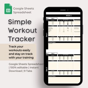 May include: A black and white digital phone screen displaying a Google Sheets spreadsheet template for tracking workouts. The template is titled "Simple Workout Tracker" and includes sections for warm-up, workout, cool-down, and general notes. The spreadsheet is divided into two days, labeled "Day 1" and "Day 2", and includes columns for sets, reps, time, weight, and notes.