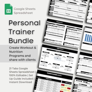 Könnte beinhalten: Ein digitaler Download in Schwarzweiß für eine Google Sheets-Tabellenvorlage für Personal Trainer. Die Vorlage enthält 21 Registerkarten zum Erstellen von Trainings- und Ernährungsprogrammen. Der Text auf dem Bild lautet "Google Sheets Spreadsheet", "Personal Trainer Bundle", "Create Workout & Nutrition Programmes and share with clients", "21 Tabs Google Sheets Spreadsheet | 100% Editable | Set Up Guide included | Instant Download", "TRAINING BLOCK 1", "CORE CIRCUIT 1", "TRAINING CALENDER (BLOCK 1".