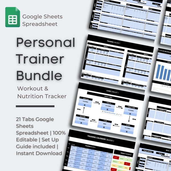 Personal Trainer Workout and Nutrition Spreadsheet for Google Sheets, Workout Tracker, Habit Tracker, Weight Loss Tracker, Trainer Bundle