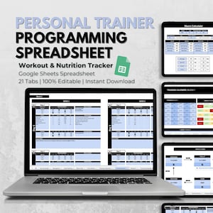 Workout- en voedingsspreadsheet personal trainer voor Google Spreadsheets, workouttracker, gewoontetracker, gewichtsverliestracker, trainersbundel