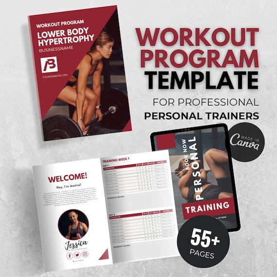 Customizable Workout Program Canva Template – Personal Trainer Fitness Plan, Exercise Library, Progress Tracker, Training Guide, Ebook Canva