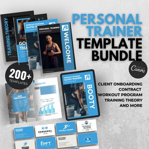 May include: A digital marketing template bundle for personal trainers. The bundle includes over 200 templates for client onboarding, contracts, workout programs, training theory, and more. The templates are designed to be used with Canva.