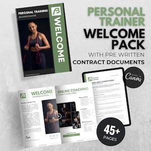 May include: A green and white welcome pack for personal trainers. The pack includes a welcome introduction, online coaching information, and terms and conditions. The pack has 45+ pages and is made in Canva.