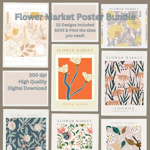 Flower Market Digital Bundle of 10 Designs, Floral Graphic Art, Poster, Flower, Minimalist, Printable Wall Art, Digital Download, Wall Decor