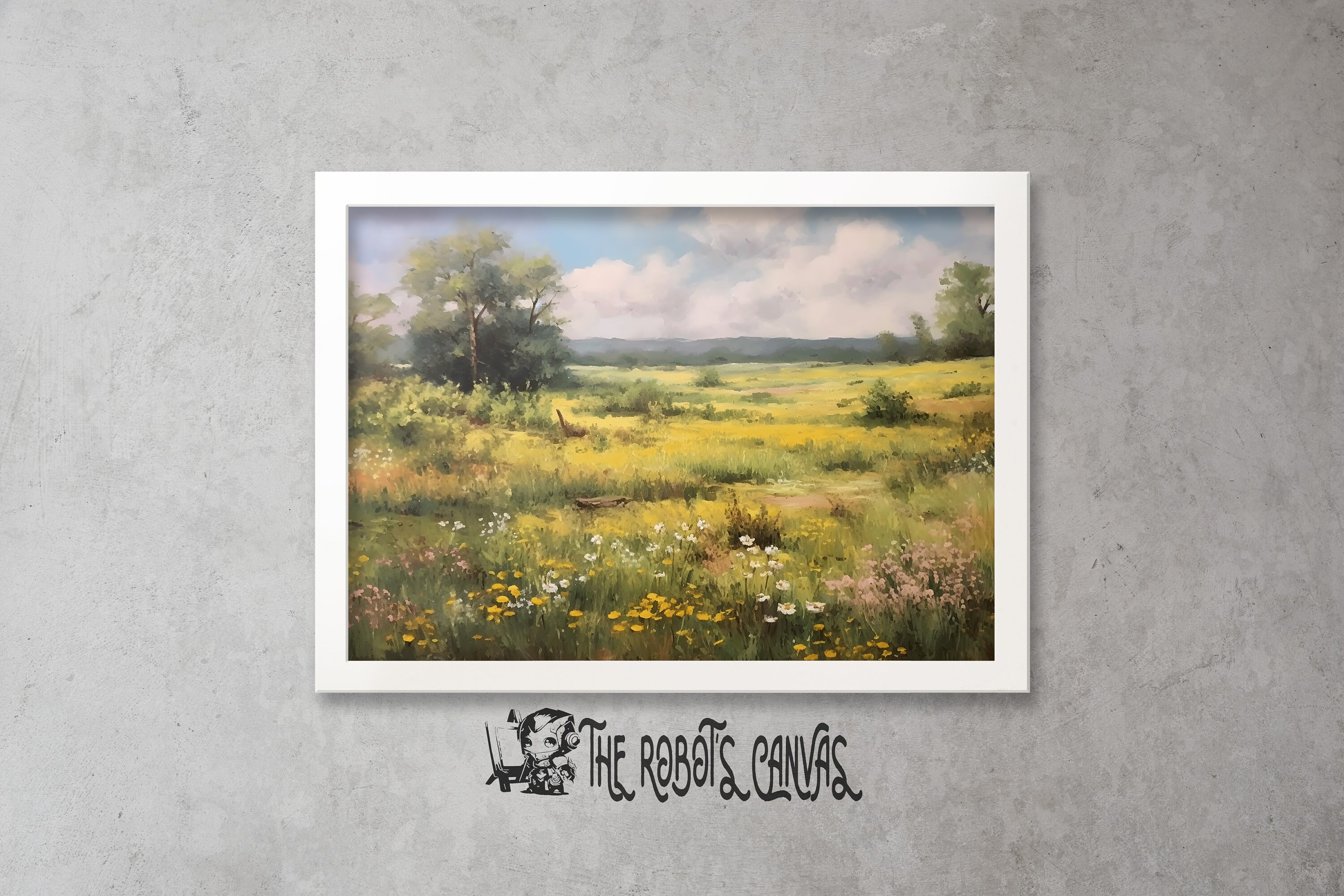 Vintage Landscape Art Print Digital Download of Wildflower Field