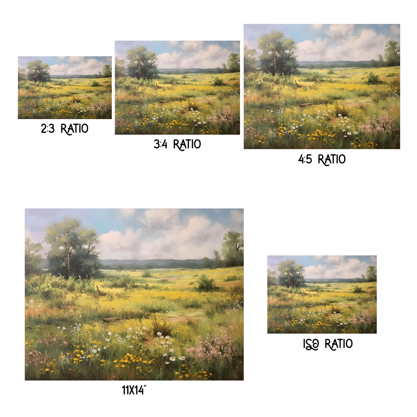 Vintage Landscape Art Print Digital Download of Wildflower Field