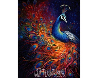 Iridescent Dream: A Bioluminescent Psychedelic Peacock Oil Painting Digital Download Print | dada