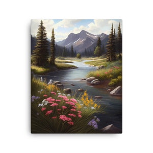 Nature's Melody: A Bob Ross-inspired Oil Painting Canvas Print of a Lush Meadow, Vivid Wildflowers, and a Calming Stream | 8d5b