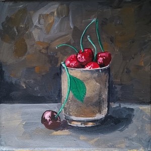 Small still life painting of cherries in a cup