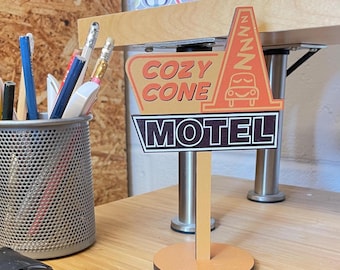 Cozy Cone Motel Desk Sign, wooden Printed stand