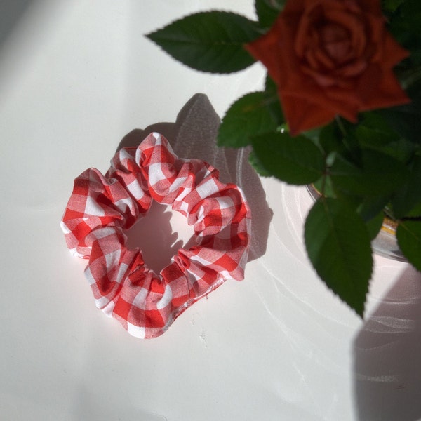Handmade Red Gingham Hair Scrunchie, Cotton Pastel Accessory