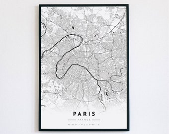 Impression de carte de Paris, ville de Paris, affiche de carte de Paris, France, impression de carte de ville, carte en noir et blanc, FR, impression de France, art mural de bureau