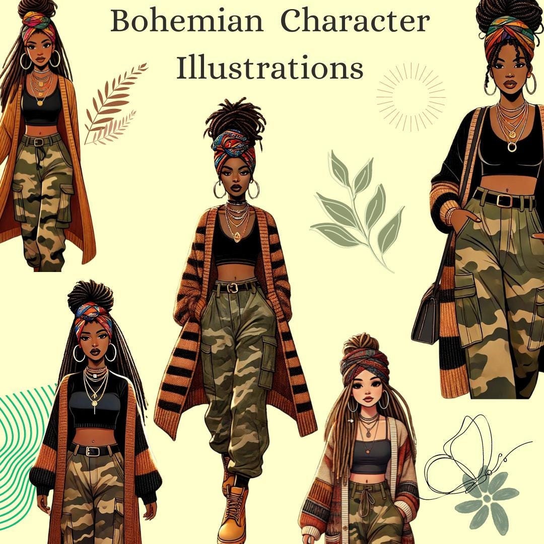 Bohemian Woman Digital PNG Stickers, Boho E-book Illustration,boho ...