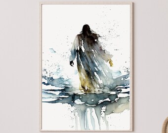 Miraculous Serenity: A Watercolor Depiction of Jesus Walking on Water ,  Jesus Art, Bible Art, Wall Art , Digital download
