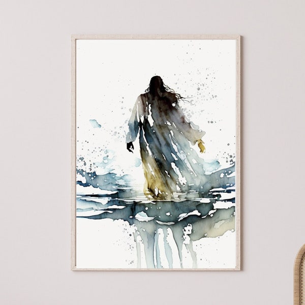 Miraculous Serenity: A Watercolor Depiction of Jesus Walking on Water ,  Jesus Art, Bible Art, Wall Art , Digital download