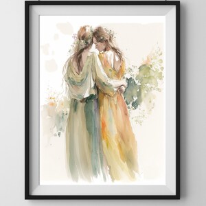 May include: Two women in flowing dresses stand close together, their arms around each other. The woman in the front is wearing a yellow dress, while the woman in the back is wearing a green dress. Both women have long brown hair and are wearing floral crowns.