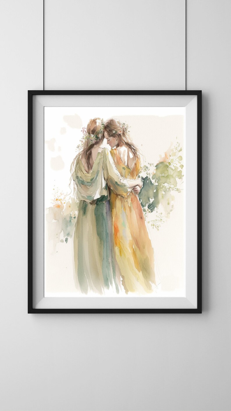 May include: Two women in flowing dresses stand close together, their arms around each other. The woman in the front is wearing a yellow dress, while the woman in the back is wearing a green dress. Both women have long brown hair and are wearing floral crowns.