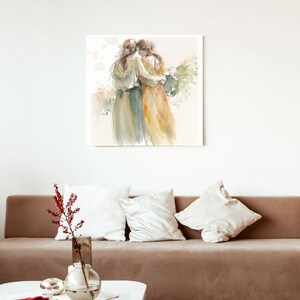 May include: Watercolor painting of two women in flowing dresses embracing each other. The painting has a soft, romantic feel and is done in shades of green, yellow, and brown.