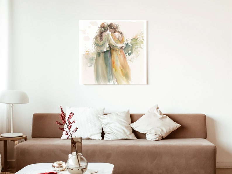 May include: Watercolor painting of two women in flowing dresses embracing each other. The painting has a soft, romantic feel and is done in shades of green, yellow, and brown.