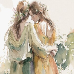 May include: Two women in flowing dresses with floral crowns embrace each other in a watercolor painting. The woman in the front is wearing a yellow dress, while the woman in the back is wearing a green dress. The background is a soft, watercolor wash of green and white.