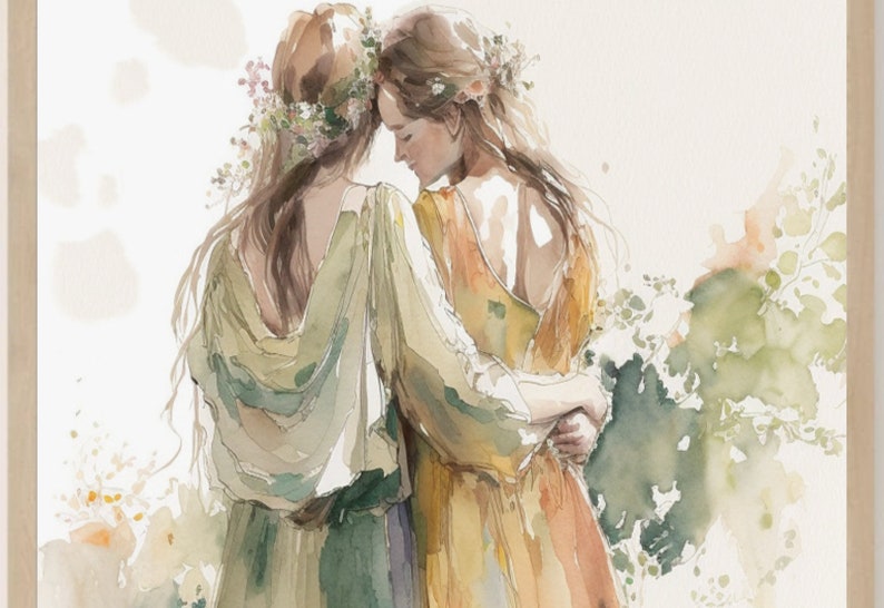 May include: Two women in flowing dresses with floral crowns embrace each other in a watercolor painting. The woman in the front is wearing a yellow dress, while the woman in the back is wearing a green dress. The background is a soft, watercolor wash of green and white.