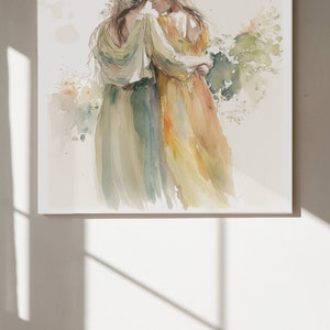 May include: Watercolor painting of two women in flowing dresses, standing close together in a garden setting. The woman in the front is wearing a yellow dress and the woman in the back is wearing a green dress. The painting has a soft, romantic feel.