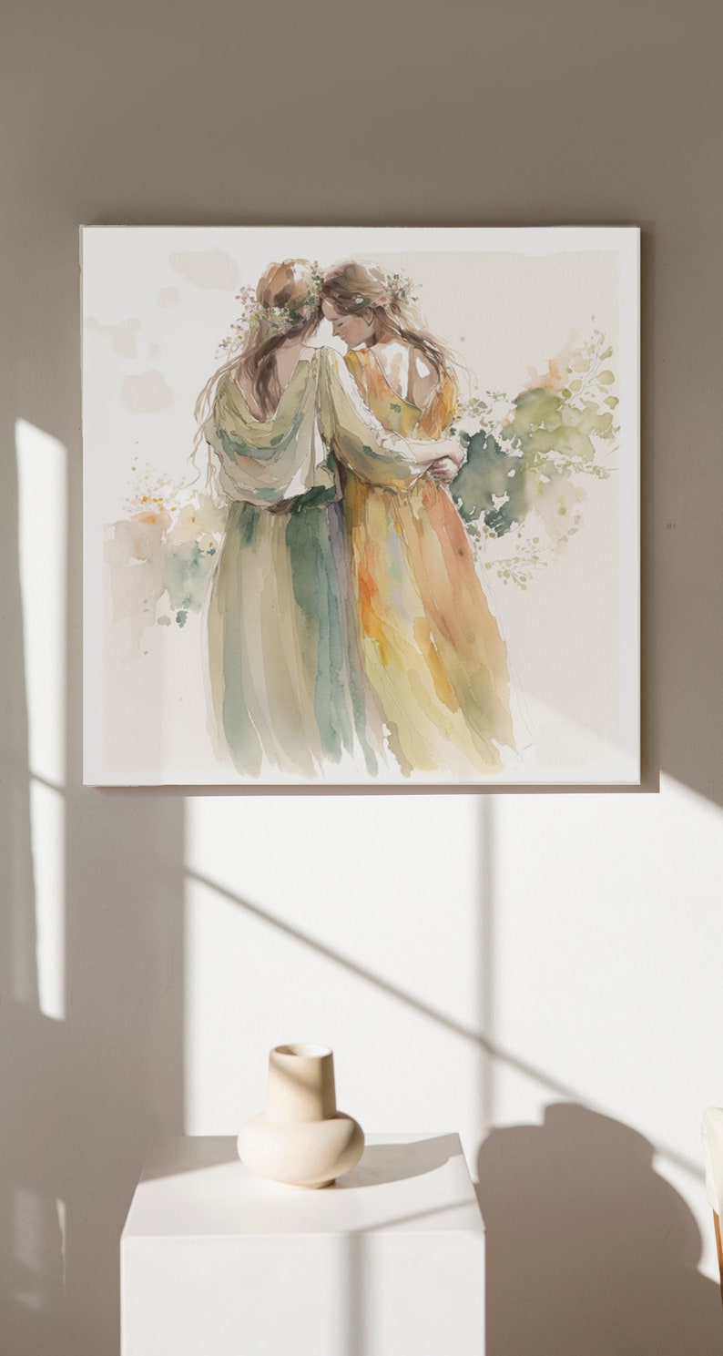 May include: Watercolor painting of two women in flowing dresses, standing close together in a garden setting. The woman in the front is wearing a yellow dress and the woman in the back is wearing a green dress. The painting has a soft, romantic feel.