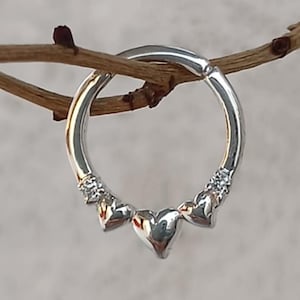 Rosella Heart 14K Solid Gold Septum Ring, Lab Diamond 16G Nose Hoop Piercing, Three Heart Shaped Septum Hinged Hoop Tragus Conch Hoop