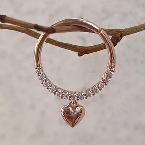 Penelope 14K Solid Gold Heart Dangle Septum Ring, Lab Diamond 16G Nose Hoop Piercing, Hinged Hoop Tragus Conch Hoop, Daith Septum For Her