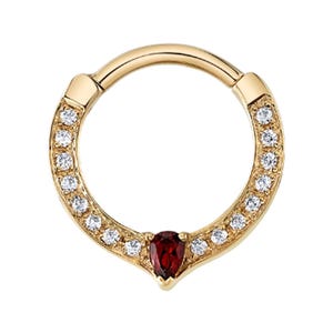 Yvonne yellow gold with CZ and Garnet, 14K Solid Gold Nose Ring Gold Cartilage Clicker Pear Gem Septum Piercing Hoop Ring