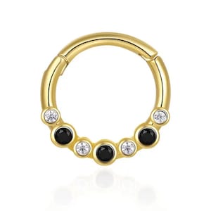 Aspen 14K Solid Gold Cubic Zirconia Bezel Setting, Cluster Hinged Segment Hoop, Black Zircon Piercing, Cartilage Earrings Nose Ring Jewelry
