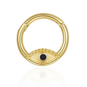 Lola Evil Eye Cartilage Hoop Clicker with Black Diamond, Single Earring in 14K Solid Gold Helix Piercing, Evil Eye Clicker, Segment Earrings