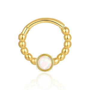 Sage Women Bisel 16G Segmento con bisagras, Anillo de nariz Septum Clicker Daith Hoop, Clicker de cartílago de aura de ópalo blanco
