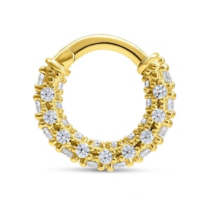Rachel 14K Solid Gold, 16g Hinged Row of Crystals Ring Septum, Body Jewelry, Daith Piercing, Septum Hoop, Nose Hoops, Septum Clicker