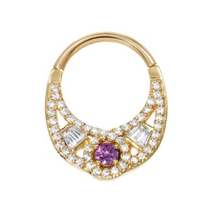 Irma 14K Solid Gold Nose Ring Gold Cartilage Clicker Baguette Gem Septum Piercing Hoop Ring, Pink Sapphire Diamonds with Hinge Ring