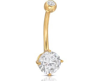Luz Solitiare-navelring, gouden navelring met helder lab-gegroeid, sierlijke gebogen lange navelpiercing, minimalistische navelpiercing