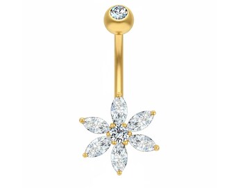 Piercing de ombligo Ceinwen de oro de 14 quilates con moissanita floral y diamante, delicada joya floral, anillo minimalista de lujo para el ombligo.