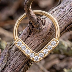 May include: A gold-toned circular hoop ring featuring a V-shaped segment adorned with nine small, clear, round-cut stones. The jewelry piece has a hinged closure mechanism and is positioned on a textured, weathered wooden branch surface.