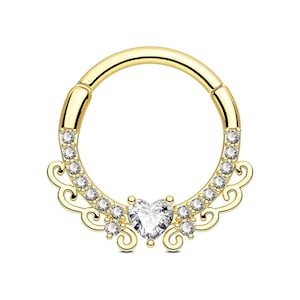 Imogen Heart & Round Diamond Daith, 18K Gold Septum, clicker for her Nose Hoop Piercing, Body Piercing, Daith Septum For Her