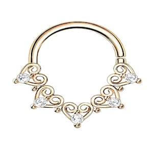 Mackenzie Gold Royal Heart Filigree Sparkle Bendable Hoop Ring,14K Solid Gold, Heart Shape Moissanite Diamond, Daith Hinged Hoop Septum