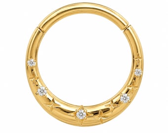 Anello Iolanthe Gold Star, delicato Septum Clicker, orecchino a cerchio per cartilagine, gioielli per piercing all'elica, cerchio celeste scintillante, regalo per lei