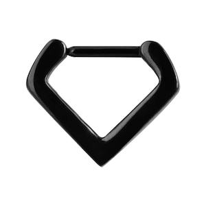 Anillo de clic para tabique nasal Bonnie Triangle, anillo de clic para tabique nasal puntiagudo Daith en forma de V, anillo de clic para tabique nasal con bisagra triangular en forma de diamante y cheurón negro.