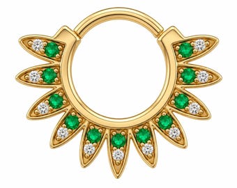 Keisha Gold Septum Ring with Green and White CZ, Emerald Clicker Nose Hoop, 14K Gold Body Jewelry, Elegant Boho Piercing Gift