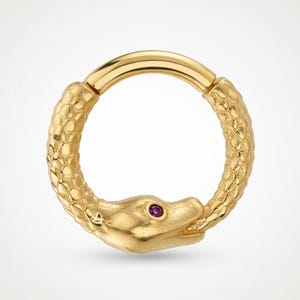 Può includere: Orecchino a cerchio color oro con design a serpente. La testa del serpente presenta una piccola gemma rotonda e viola come occhio. L'orecchino è circolare, con un corpo di serpente strutturato e una parte superiore liscia e arrotondata.