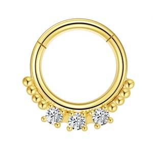 Skylar 14K Solid Gold, Three Prong Setting, Hinged Segment Septum Helix Piercing Cartilage Daith Hoop Piercing Ring, Gift For Her